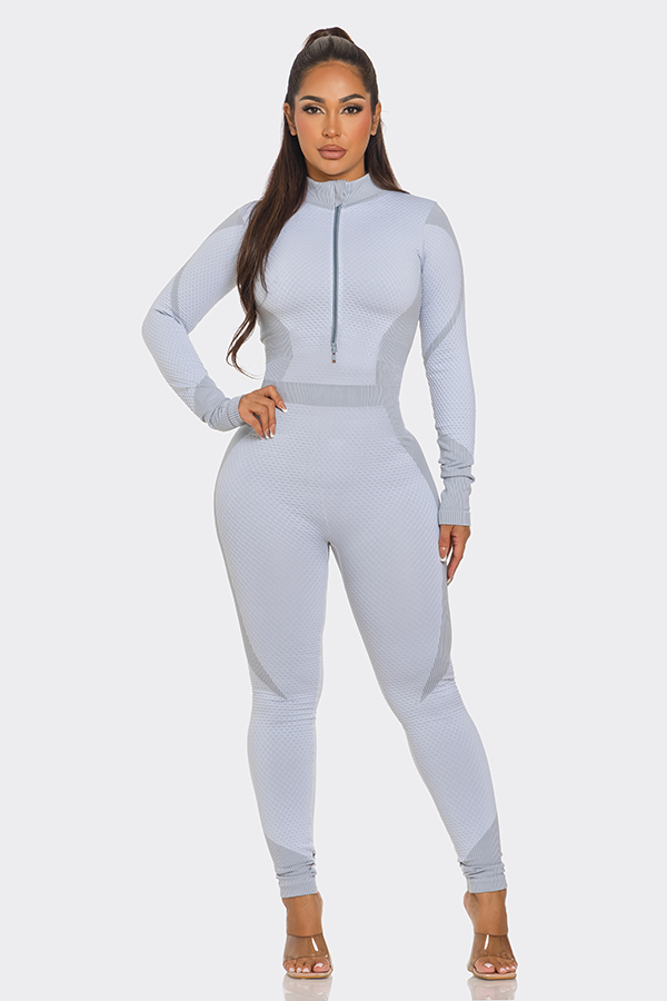 Waffle Half Zip 2 Tone Bodycon Jumpsuit: Grey