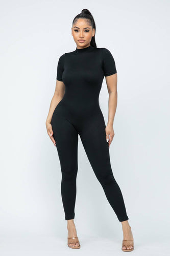 Seamless Solid Back Zipper Short Sleeve Jumpsuit - Real Black N Beyond